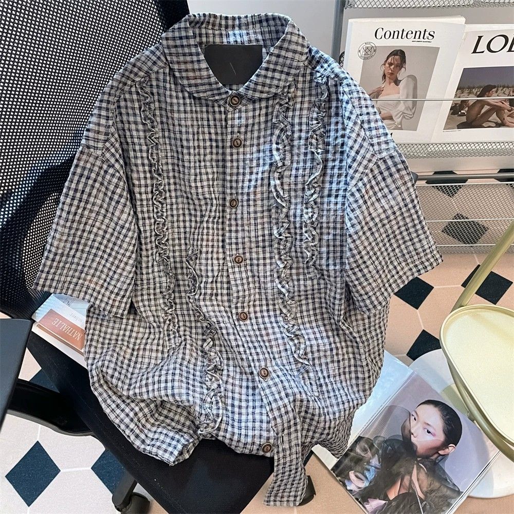 设计感小众荷叶边格子短袖衬衫男女系复古港风休闲泡泡纱上衣