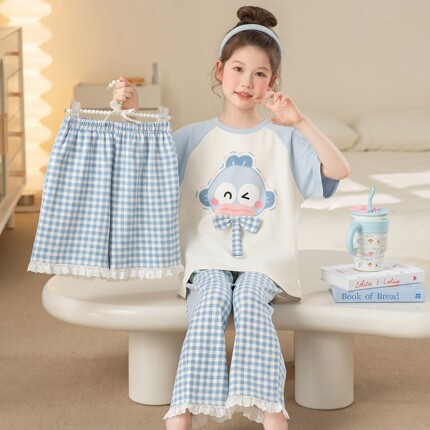 2026新款女童睡衣夏季薄款纯棉三件套中大童短袖长裤小丑鱼家居服
