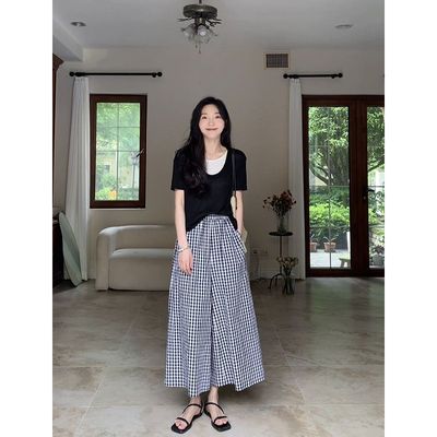 2025夏季新款格子休闲裤女宽松时尚高腰阔腿裤显瘦薄款复古九分裤