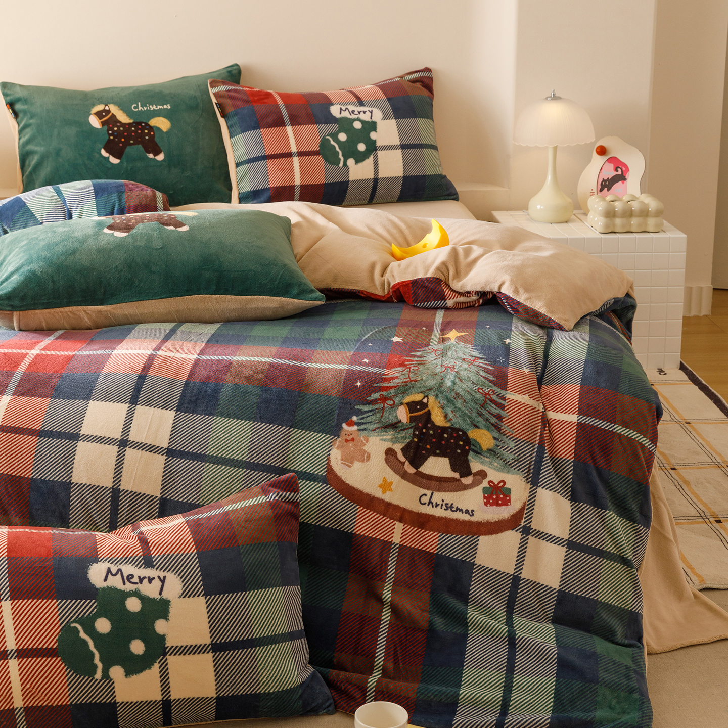 圣诞节卡通格子磨毛四件套床品套件彩色家居服套装