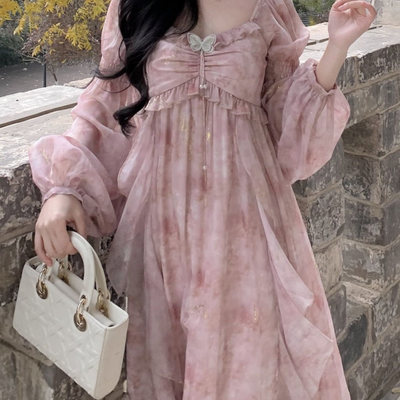 甜桃杏蝶 仙女粉朦胧晕染印花蝴蝶烫金雪纺海边度假风连衣裙