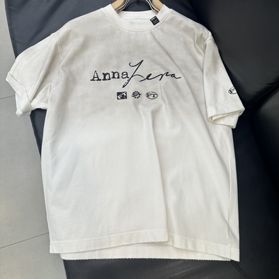 2026夏季新款美式复古水洗做旧刺绣T恤宽松卷边慵懒风纯棉短袖