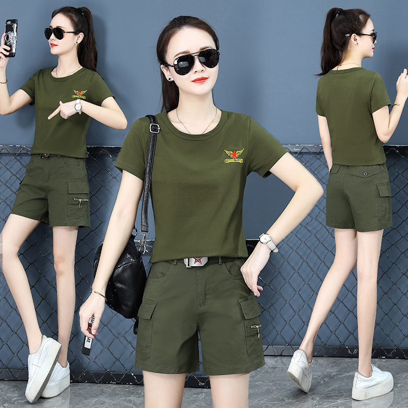 迷彩服套装女夏季新款翻领短袖t恤军旅风休闲工装短裤运动服显瘦