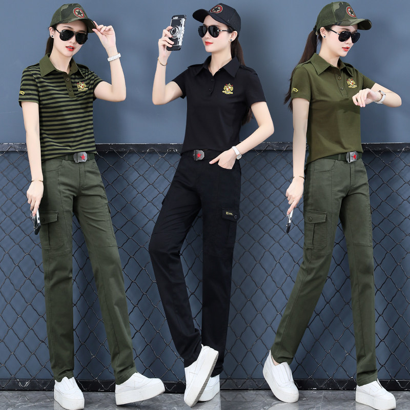 夏季水兵舞纯棉迷彩服休闲运动套装女两件套韩版修身显瘦广场舞服