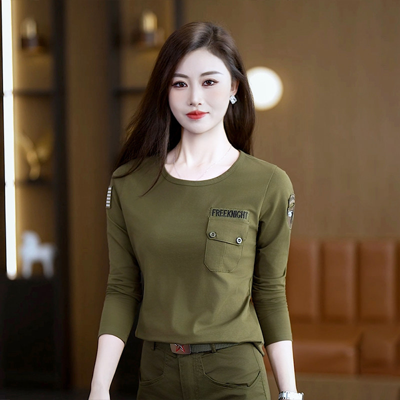 迷彩长袖T恤春秋圆领军绿半袖休闲显瘦黑色上衣水兵舞服百搭大码