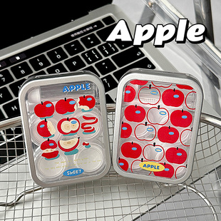 银色苹果美瞳盒简约可爱便携式 透明隐形近视眼镜盒收纳盒 两副装