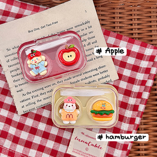 可爱苹果美瞳盒一体式 带盖子小巧便携隐形眼镜伴侣盒护理盒收纳盒