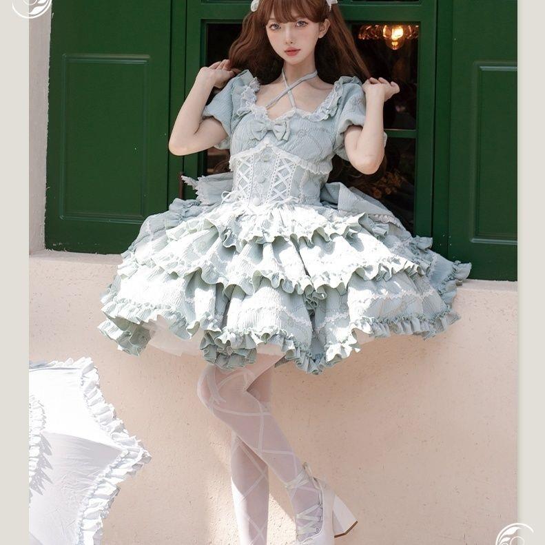 洛丽塔大全套OP公主蝴蝶结拖尾连衣裙猫猫中袖连衣裙lolita