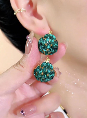 高级感孔雀绿色锆石摇篮耳扣轻奢气质小众时尚耳环女超闪精致耳饰