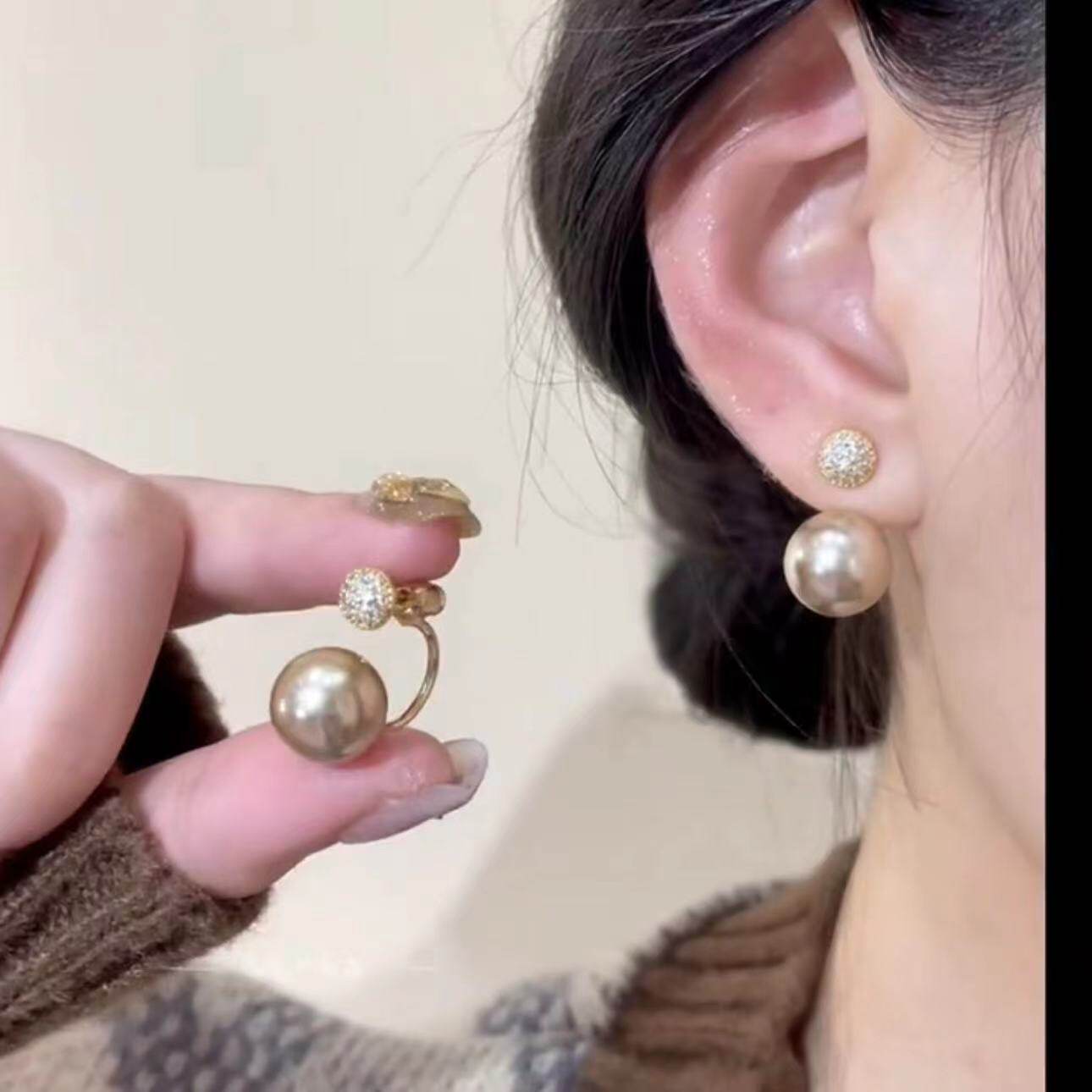925银针一款两戴香槟色珍珠耳环高级感气质耳钉轻奢小众精致耳饰