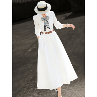 兰瑟儿2026春季新款气质气质通勤蝴蝶结丝巾领白色长袖衬衫连衣裙