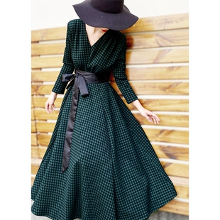 气质复古收腰显瘦系带长袖 兰瑟儿春季 新款 千鸟格V领大摆连衣裙女