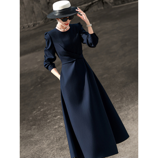 兰瑟儿2026春季新款气质通勤立裁裙子长袖圆领收腰显瘦纯色连衣裙