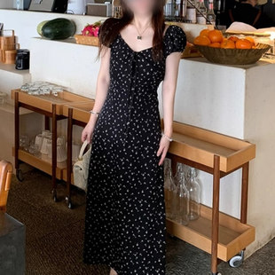 2025年夏季 赫本风甜美风气质高级感收腰显瘦l黑色碎花裙 新款 法式