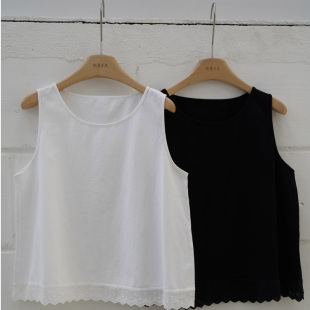 日系小众 舒适外贸订单水洗纯棉蕾丝边宽松纯色背心女 自留推荐