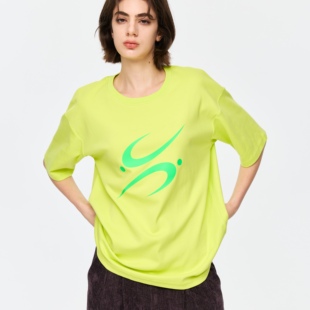 多财国潮牌印花短袖T恤女宽松圆领荧光绿情侣短袖上衣