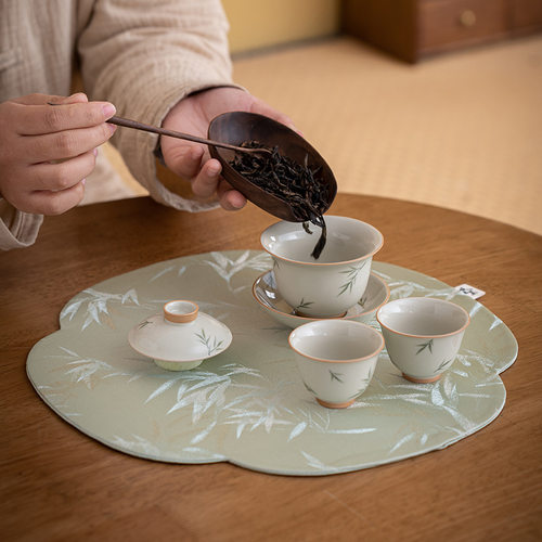 双面海棠竹纹茶席桌旗