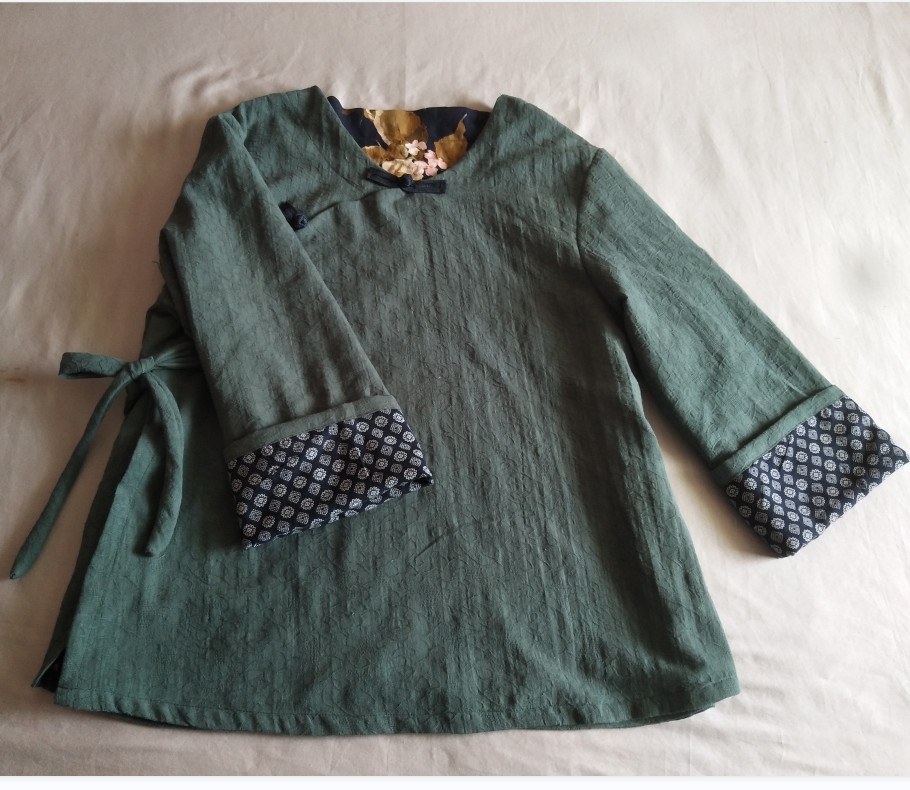 清仓原创春秋款大码V领斜襟系带两层面料提花棉麻开衫茶服女外套