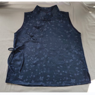 清仓青辰原创夏款立领垂感藏青提花醋酸缎上衣女背心茶服衬衫无袖