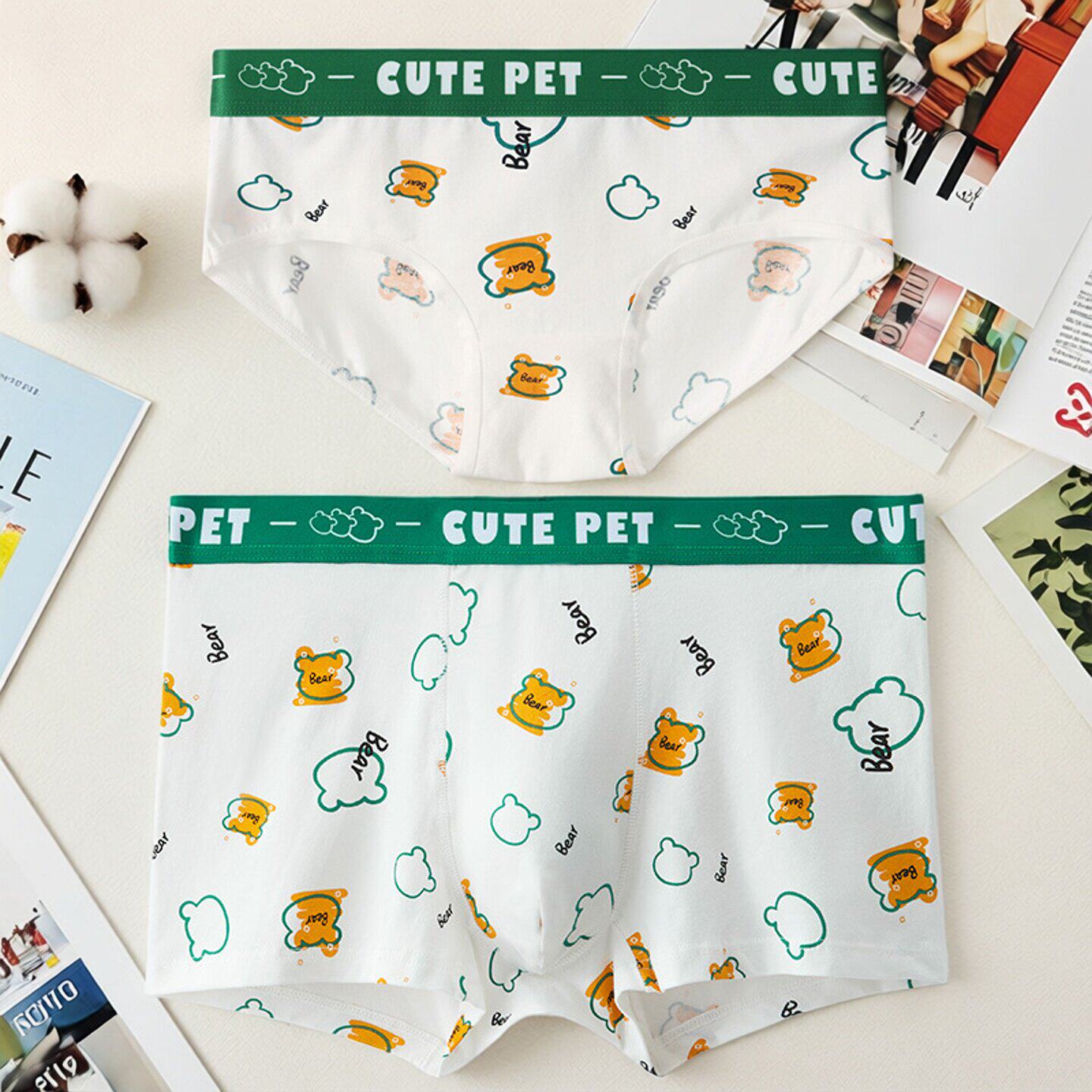 Cute pet卡通情侣款内裤纯棉一男一女可爱小熊透气大码平角三角裤