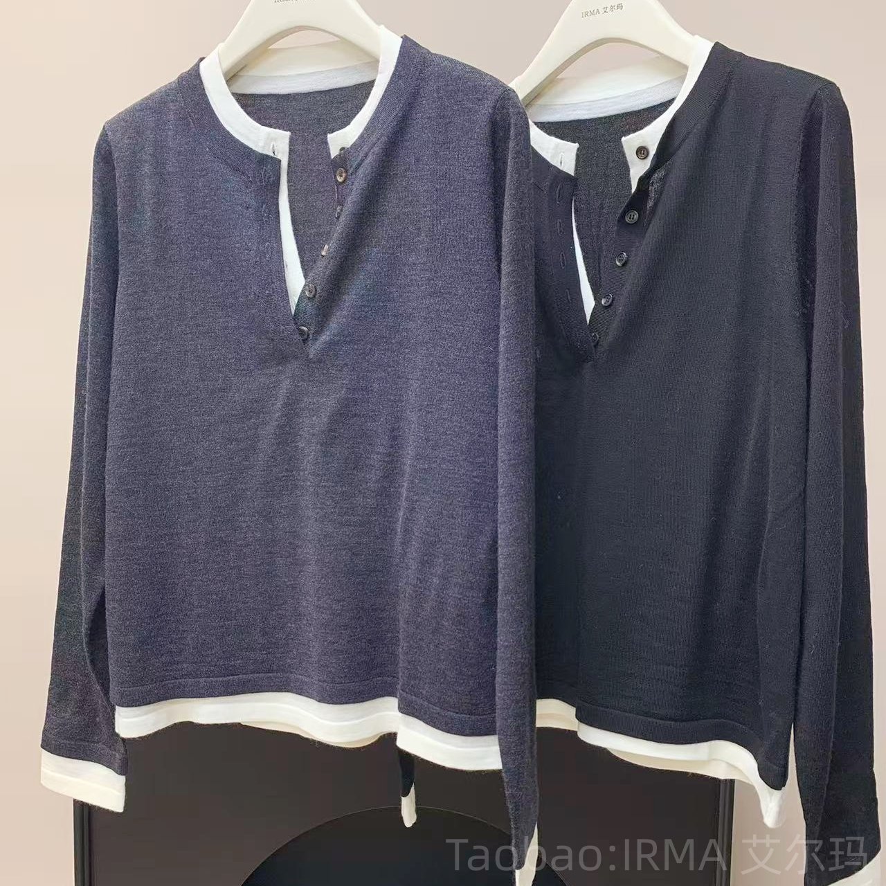 极简V领假两件气质羊毛针织衫女