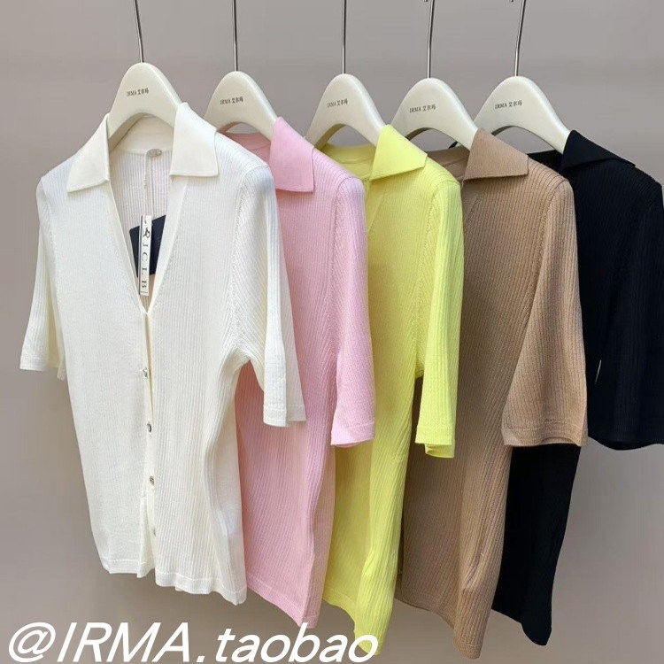 翻领修身针织衫短袖正肩T恤开衫