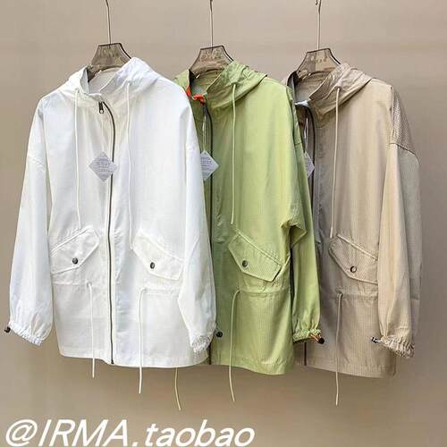 格纹宽松抽绳连帽拉链遮肉短外套