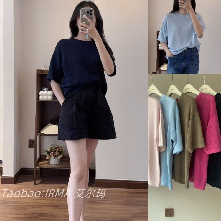 轻薄透气亚麻和纸宽松圆领短袖女