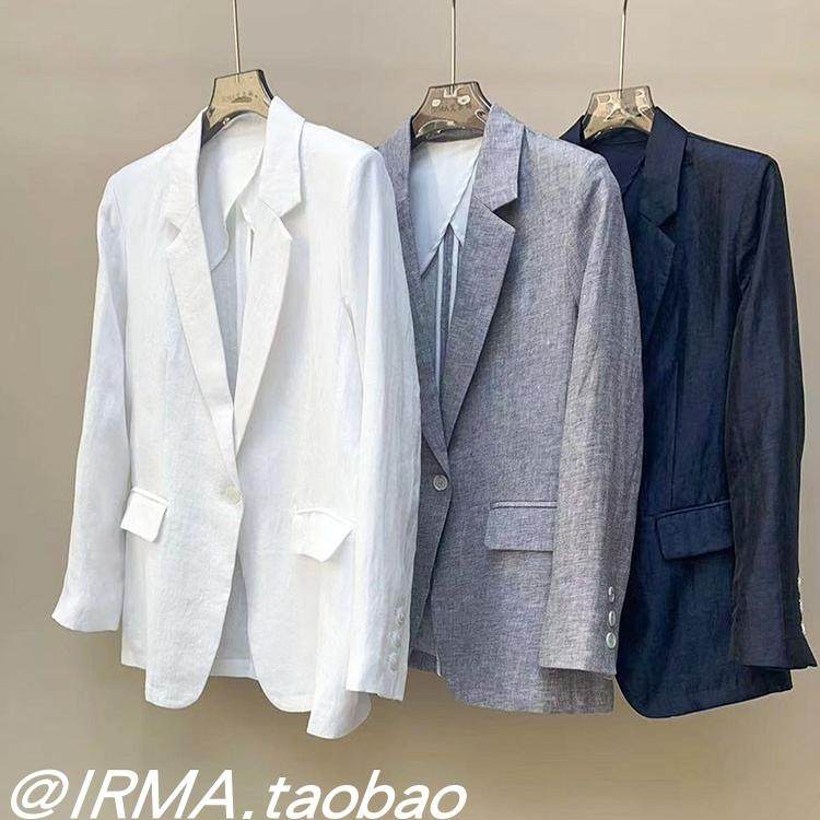 一粒扣白色亚麻西服上衣女文艺