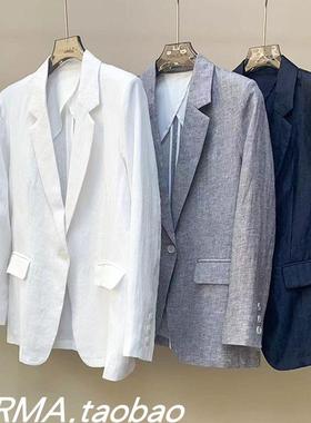 客供高品质亚麻面料！一粒扣白色亚麻西服上衣女文艺休闲薄款西装