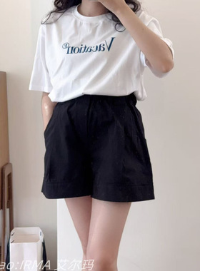 IRMA 黑色高腰花苞短裤女夏季显瘦休闲百搭阔腿裤卷边热裤子