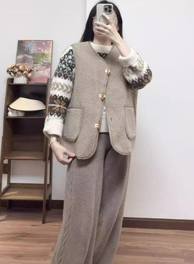 日系通勤风羊羔毛马甲女V领单排扣百搭保暖背心马夹