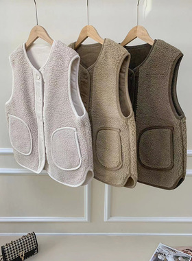 万物皆可搭~双面可穿羊羔毛马甲！圆领宽松短款保暖毛毛马甲秋冬