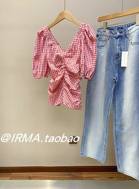 清仓特价 原458 现价199 红色格纹V领显瘦收腰褶皱泡泡袖衬衫短裙