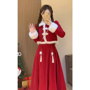 新年战袍小香风过年红色套装裙女冬季高级感短外套半身裙子两件套