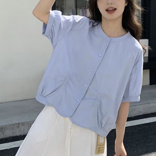 收口下摆短袖棉布衬衫小上衣小外套外搭圆领开扣休闲文艺郊游度假