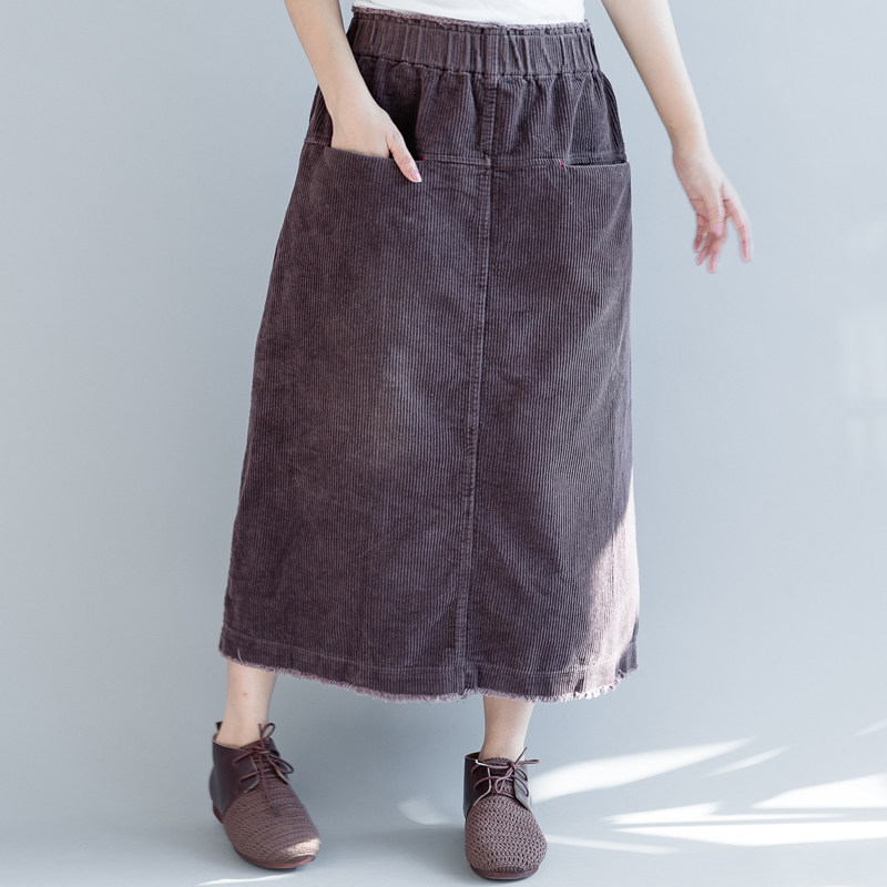 清濯紫咖灯芯绒打磨水洗直筒休闲半身裙松紧腰文艺百搭,女装/女士精品,半身裙,淘宝优惠券,粉丝福利购,淘宝优惠卷