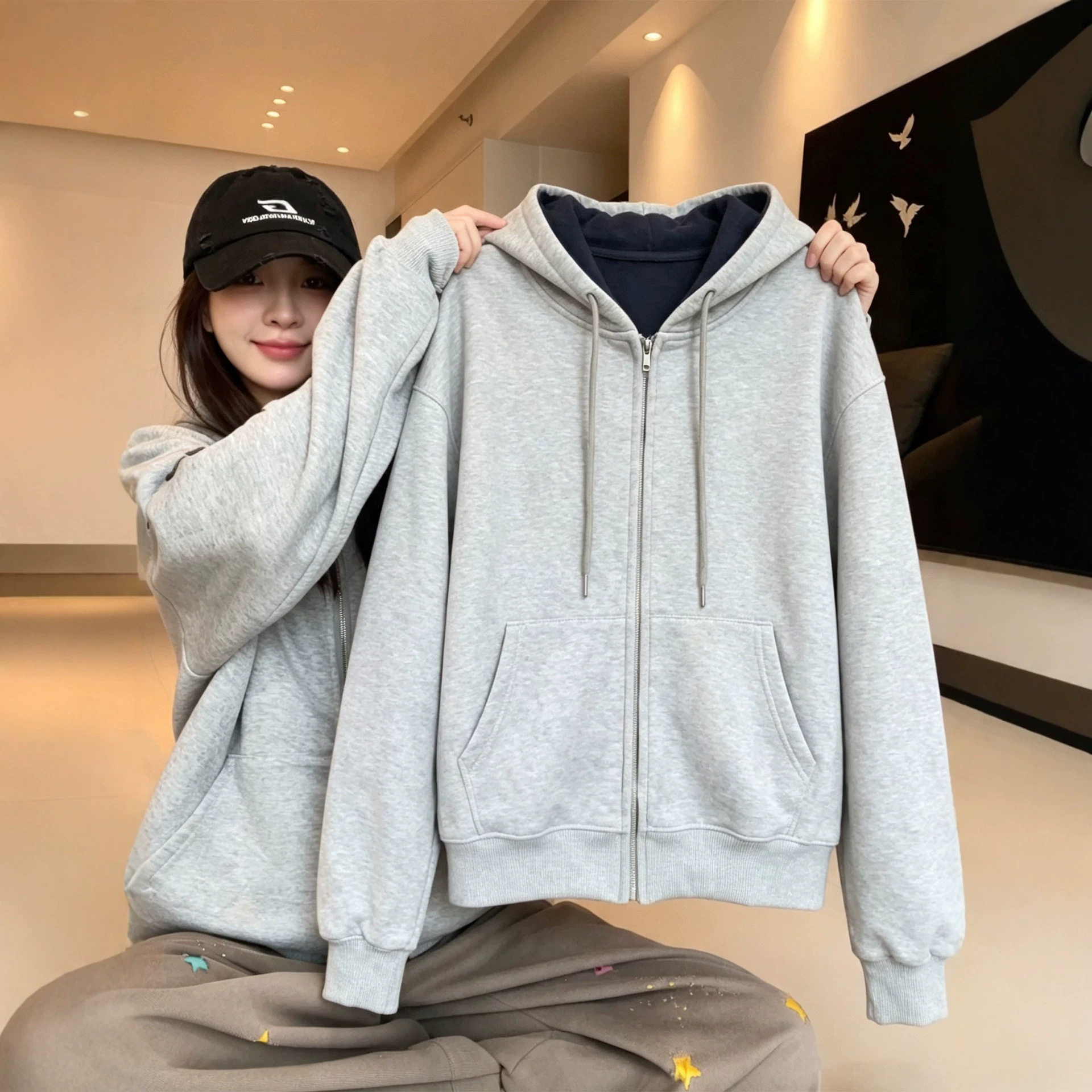灰蓝撞色连帽卫衣女款2026新短外套