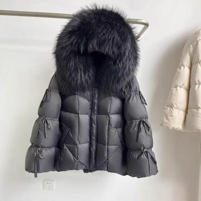 2024冬高端皮草大狐狸毛领连帽羽绒服女绑带加厚保暖外套聚酯纤维