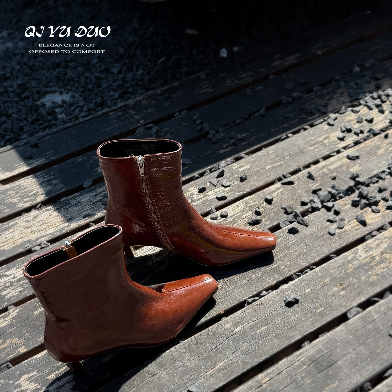 【七与多】牛皮/5cm/极简侧拉链秋冬高跟短靴女细跟方头瘦瘦踝靴