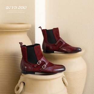 QIYUDUO 复古擦色红色短靴女平底真皮孟克双扣布洛克雕花切尔西靴