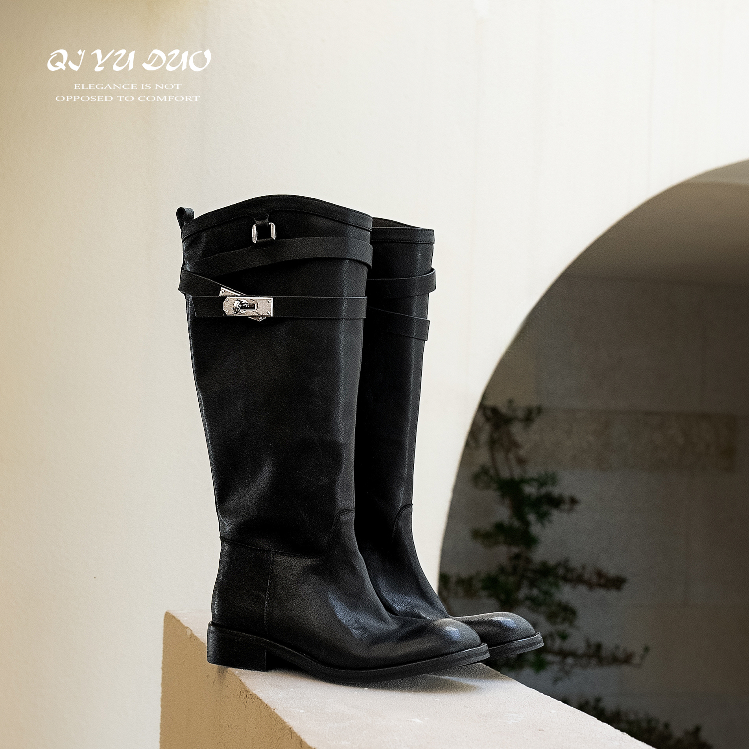 金属扣骑士靴圆头厚底女士长靴