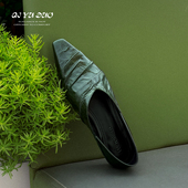 褶皱平底单鞋 女方头踩跟两穿乐福鞋 1cm 设计师款 七与多 牛皮