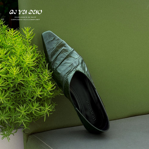 褶皱平底单鞋女方头踩跟乐福鞋