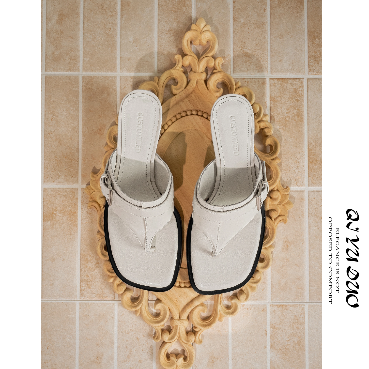 法式方头皮带扣真皮猫跟夹趾凉拖