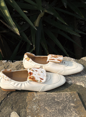 【七与多】牛皮/1.5cm小众泼墨马毛翻舌单鞋平底一脚蹬软底乐福鞋