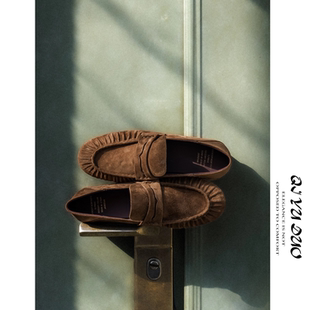 QIYUDUO 真皮褶皱乐福鞋女复古柔软一脚蹬平底小皮鞋通勤百搭单鞋