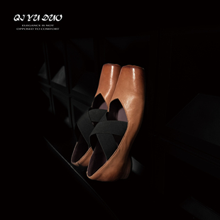 【七与多】牛皮/2cm平底芭蕾舞鞋女交叉带单鞋复古真皮猪鼻子女鞋