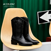 复古刺绣西部靴女粗跟V口中筒靴显瘦骑士靴 5cm 七与多 牛皮