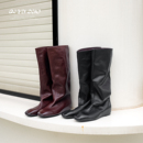 QIYUDUO-复古长靴女2025秋冬新款真皮内增高褶皱靴显瘦高筒骑士靴